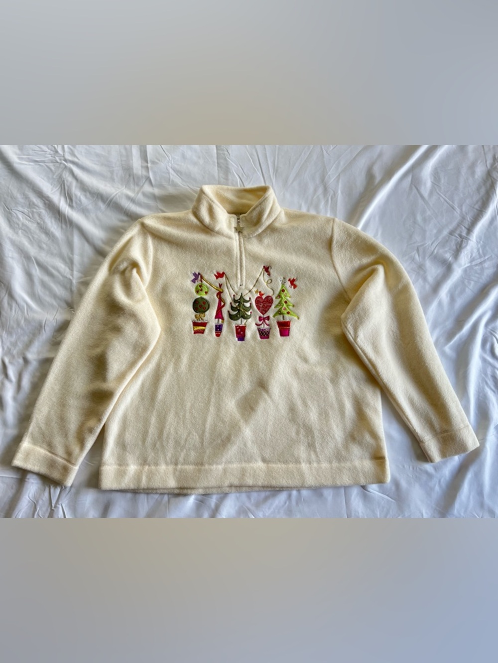 White Stag XL 16 18 Ivory Christmas Fleece Quarter Zip Holiday Topiary Pullover